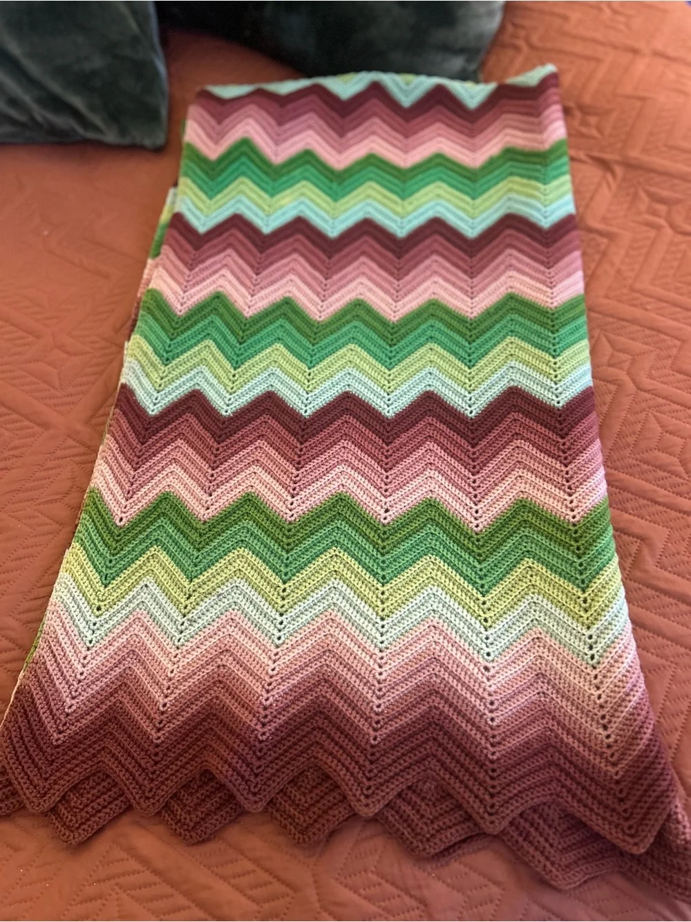 Vintage Handmade Chevron Crochet Throw in Greens and Pinks
